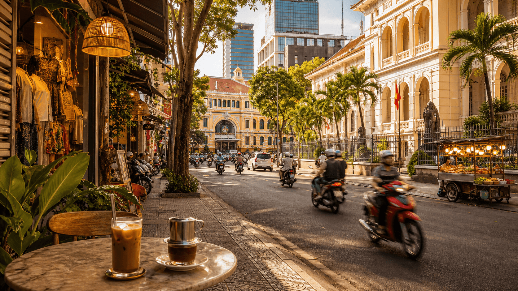 Saigon street with coffee, colonial architecture, and motorbikes